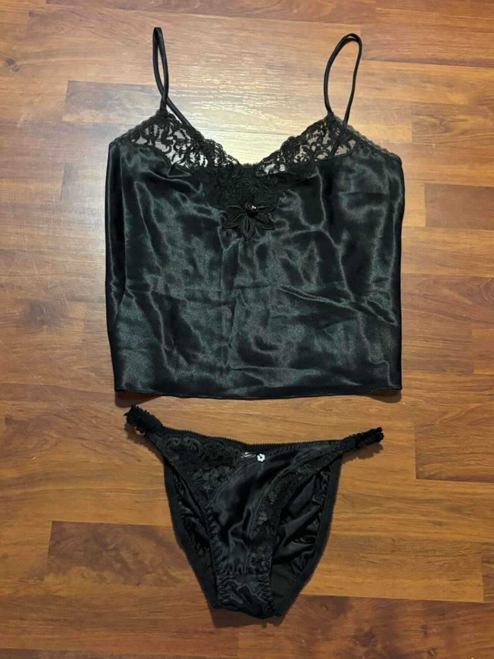 Vintage Dior Black Floral Satin & Lace Camisole Top & String Bikini Set sz S